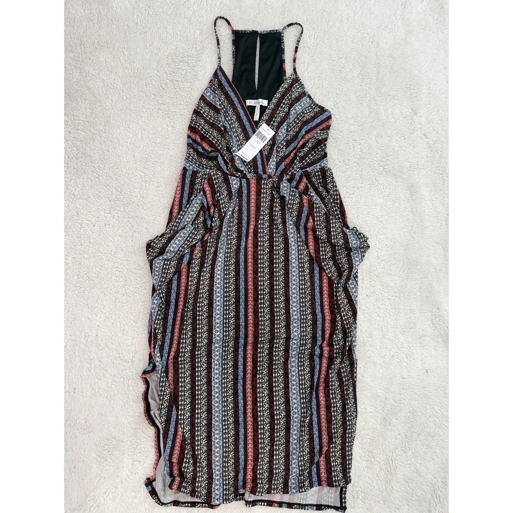 BCBGeneration Blue Brown Striped Midi Dress Pockets Draped Stretch Size M
